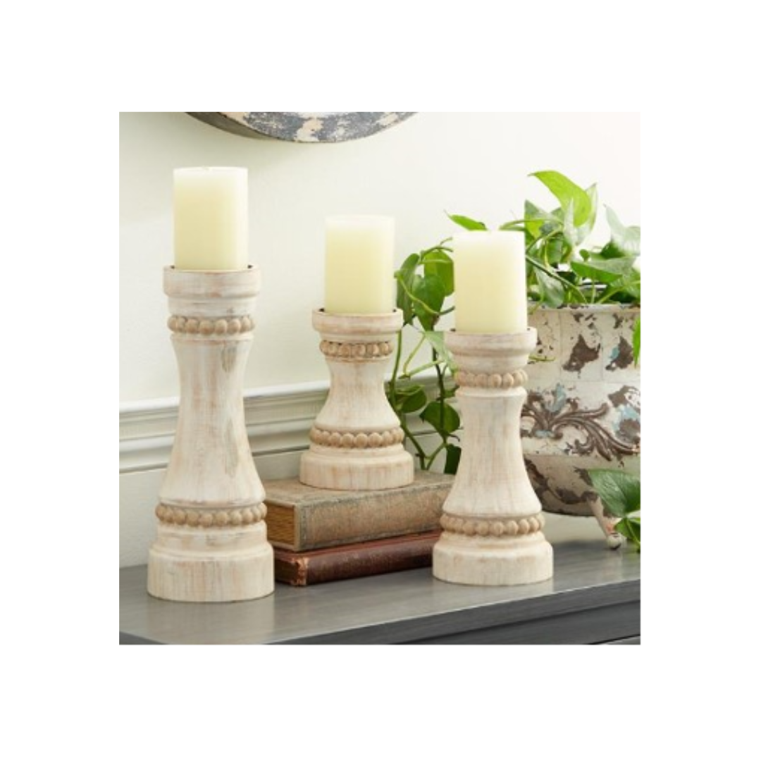 SET DE 3 CANDELABROS DE MADERA CLARA RUSTICOS